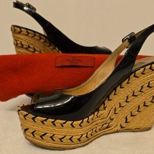 Valentino Garavani Patent Leather Black and Tan Wedge Sandals